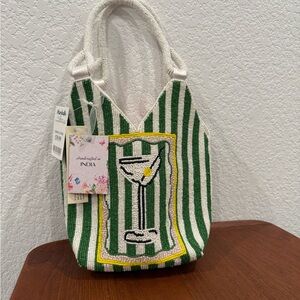 Green and White Striped Beaded Bag